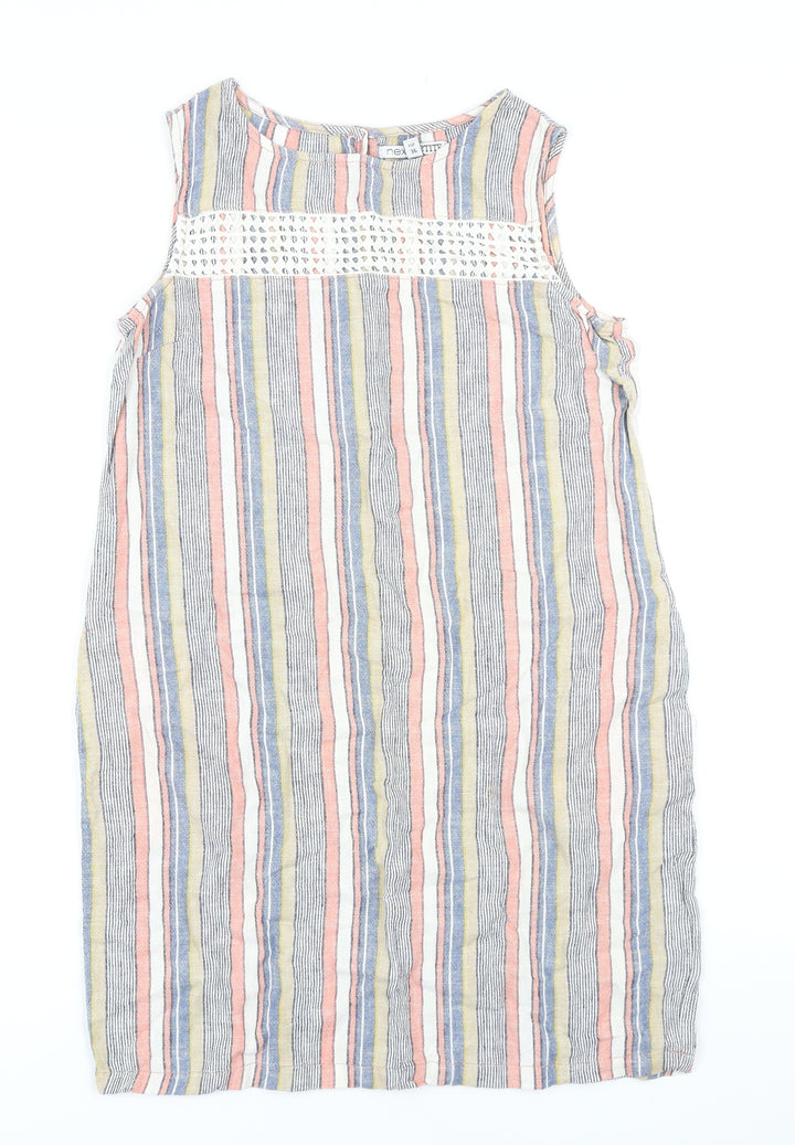 NEXT Womens Multicoloured Striped Linen Pencil Dress Size 8 Round Neck Button