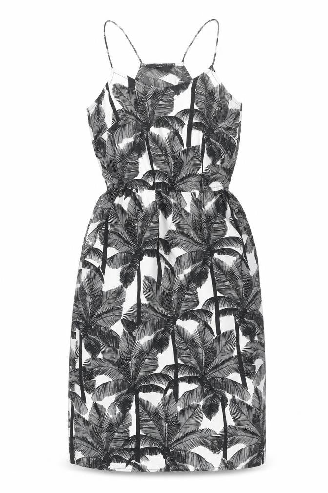 Front view of H&M women’s white polyester a-line, size UK 6, square neck - palm trees