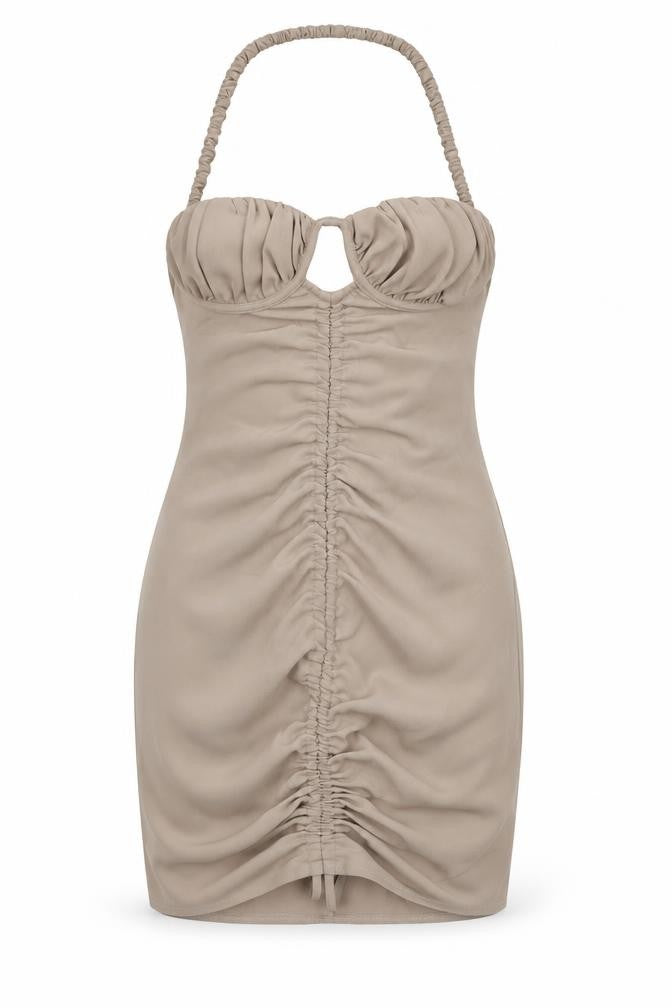 Front view of PRETTYLITTLETHING women’s beige polyester bodycon, size UK 8, halter zip