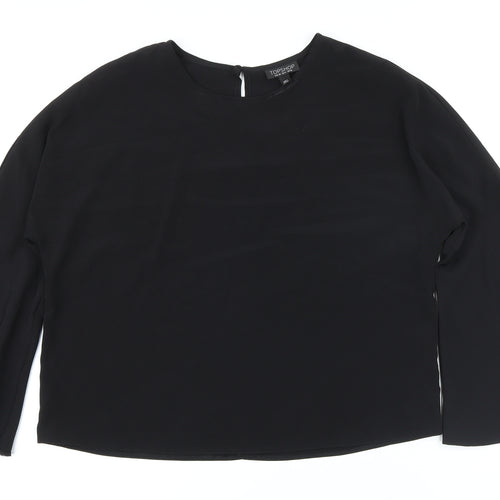 Topshop Womens Black Polyester Basic Button-Up Size 10 Round Neck - Big Sleeves