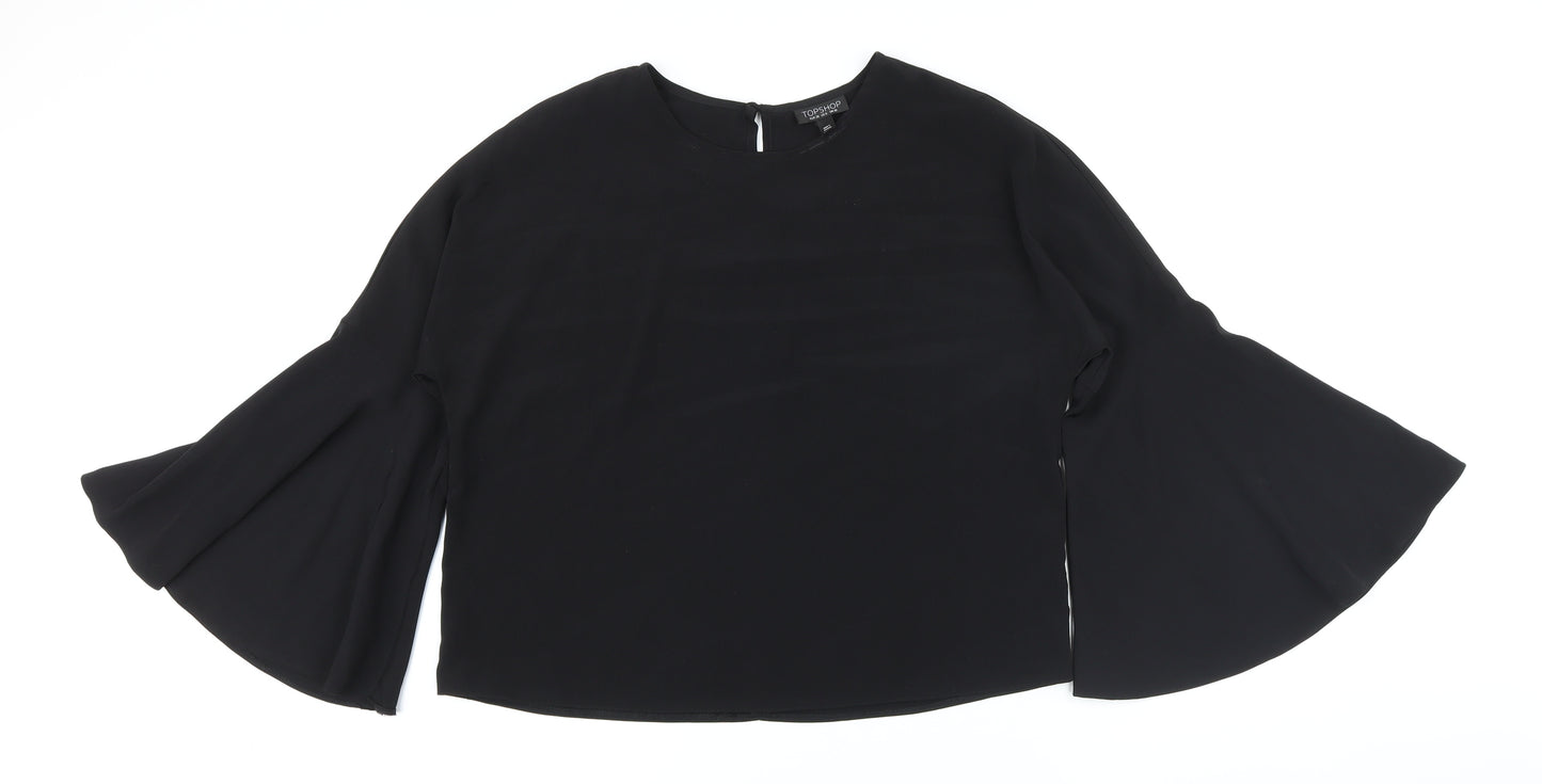Topshop Womens Black Polyester Basic Button-Up Size 10 Round Neck - Big Sleeves