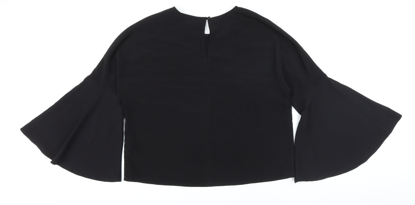 Topshop Womens Black Polyester Basic Button-Up Size 10 Round Neck - Big Sleeves