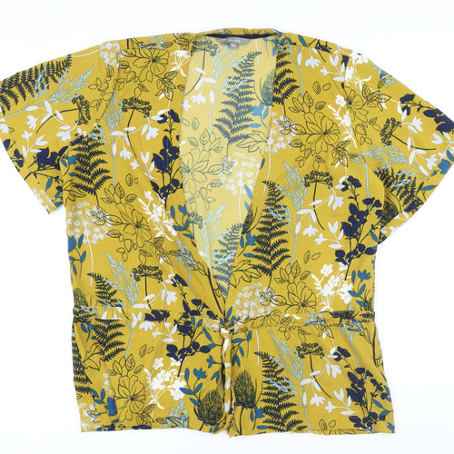 Lily & Me Womens Yellow Floral Polyester Basic Button-Up Size 16 V-Neck