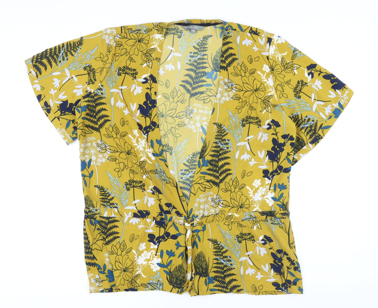 Lily & Me Womens Yellow Floral Polyester Basic Button-Up Size 16 V-Neck
