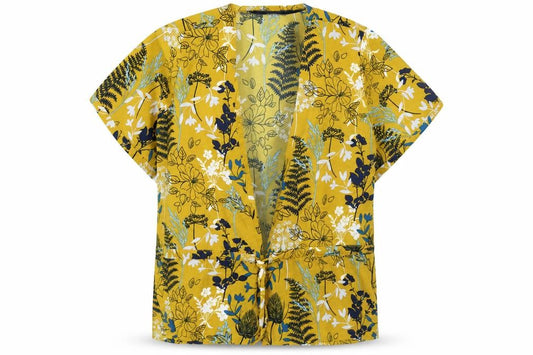 Front view of Lily & Me women’s yellow floral polyester basic button-up, size UK 16, v-neck