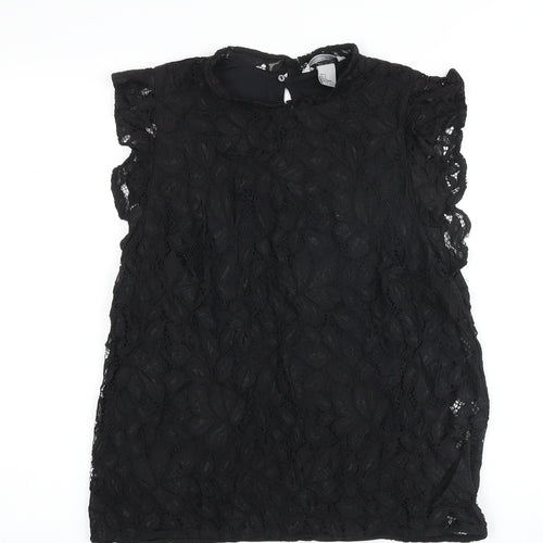 H&M Womens Black Cotton Basic Button-Up Size M Mock Neck - Lace Overlay