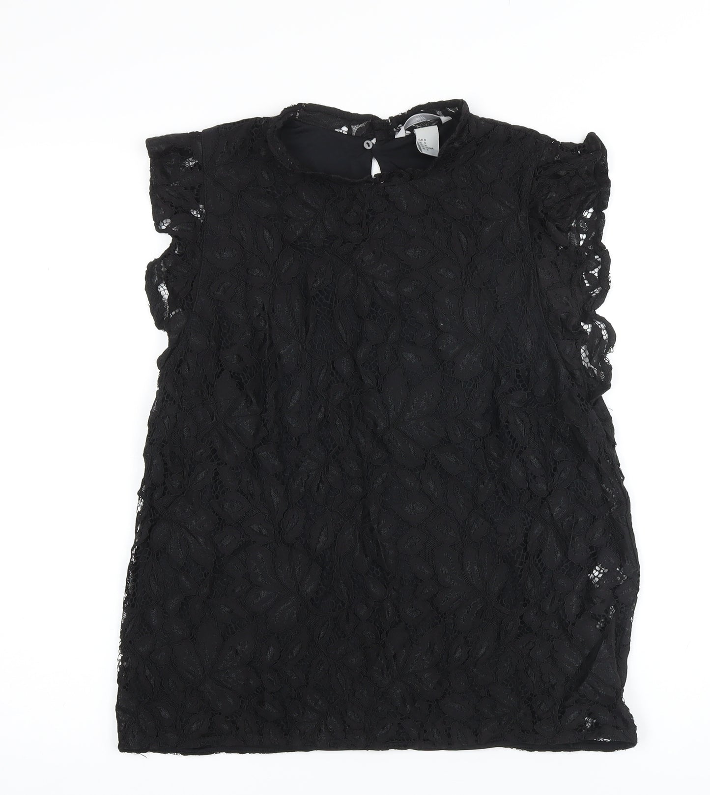 H&M Womens Black Cotton Basic Button-Up Size M Mock Neck - Lace Overlay