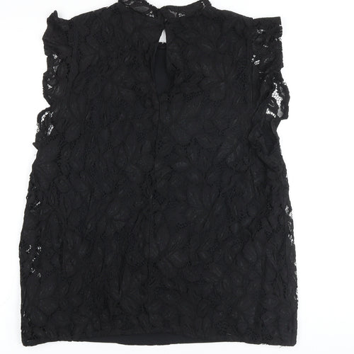 H&M Womens Black Cotton Basic Button-Up Size M Mock Neck - Lace Overlay