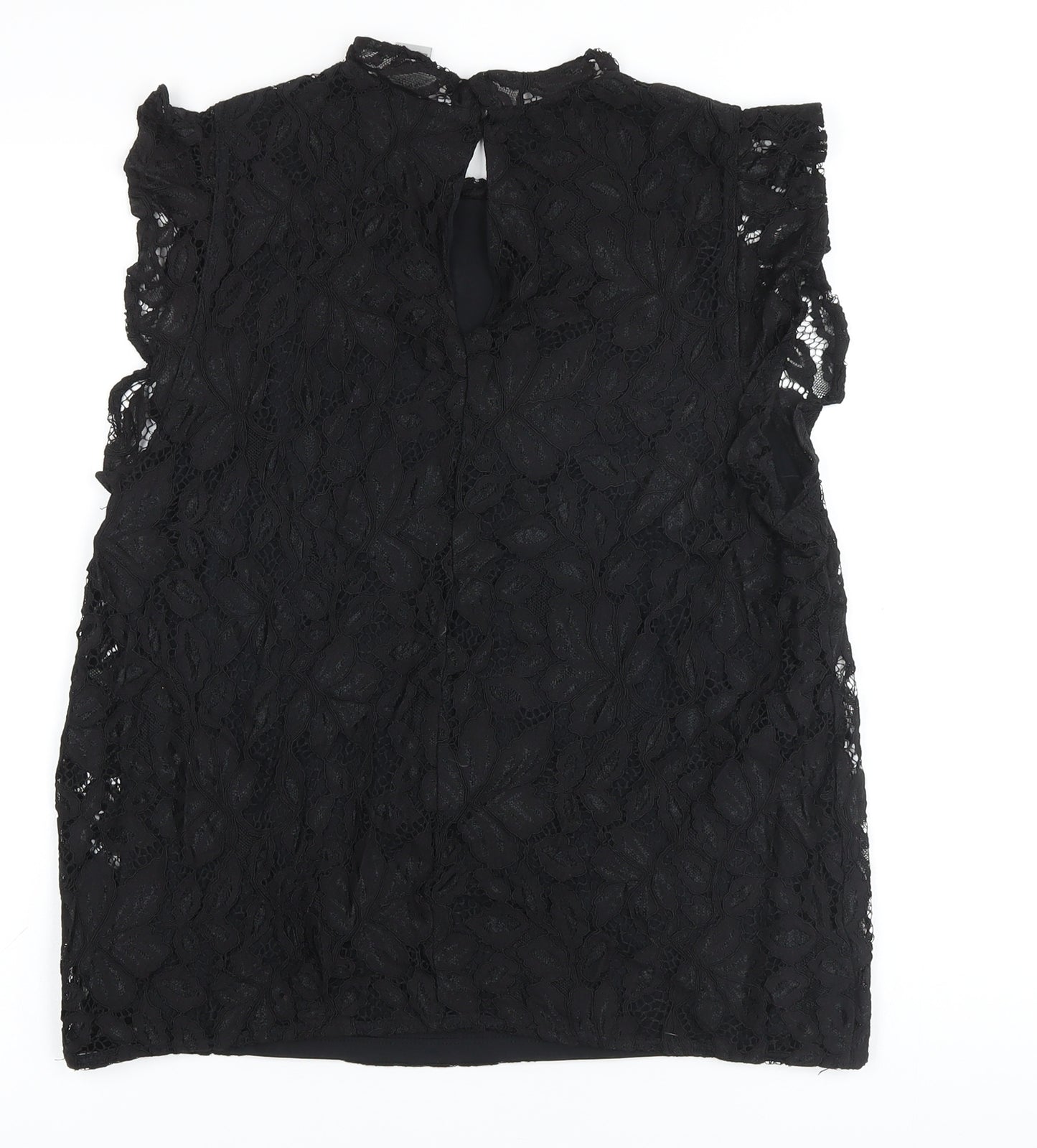 H&M Womens Black Cotton Basic Button-Up Size M Mock Neck - Lace Overlay