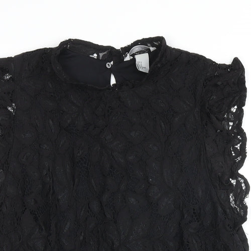 H&M Womens Black Cotton Basic Button-Up Size M Mock Neck - Lace Overlay