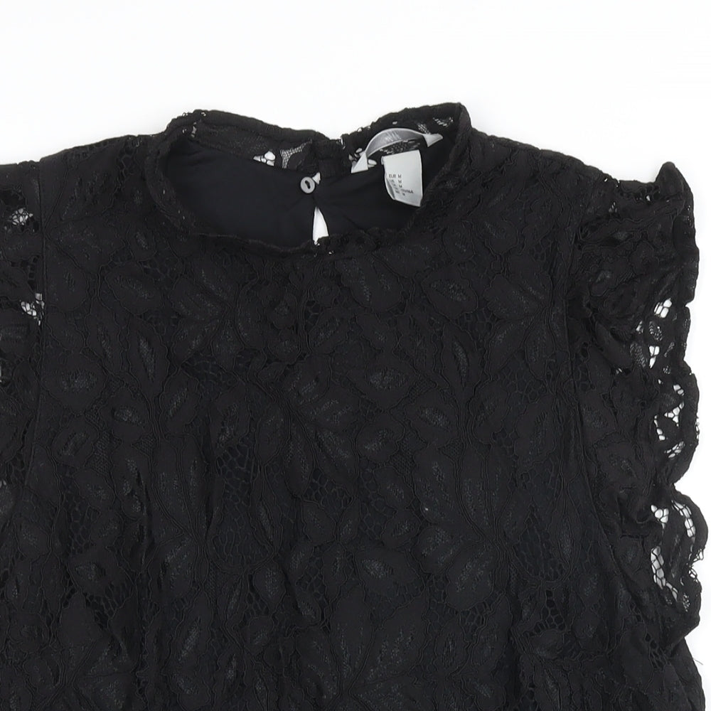 H&M Womens Black Cotton Basic Button-Up Size M Mock Neck - Lace Overlay