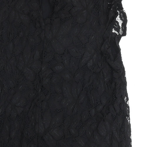 H&M Womens Black Cotton Basic Button-Up Size M Mock Neck - Lace Overlay