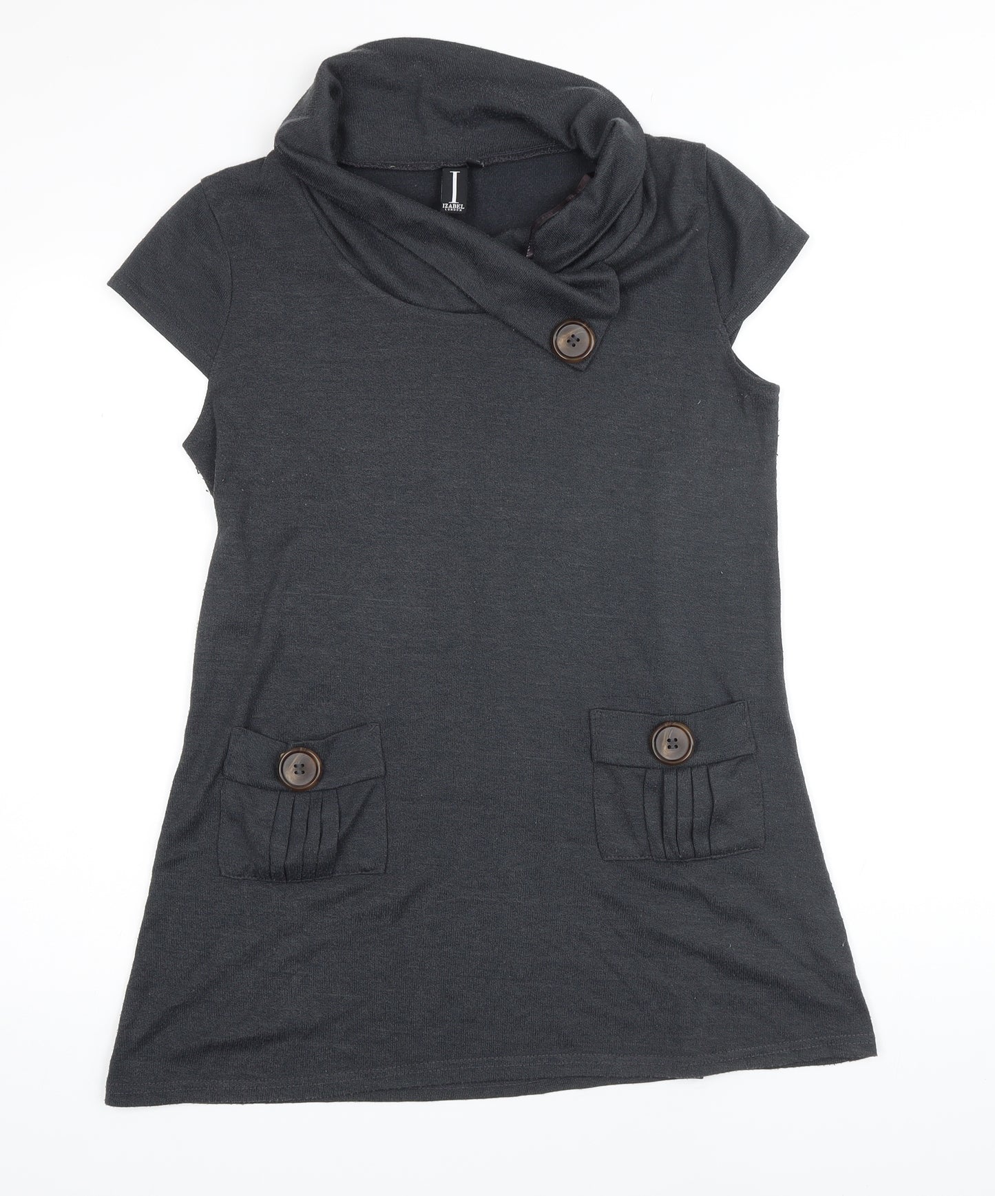 Izabel Womens Grey Acrylic Tunic Button-Up Size 14 Cowl Neck
