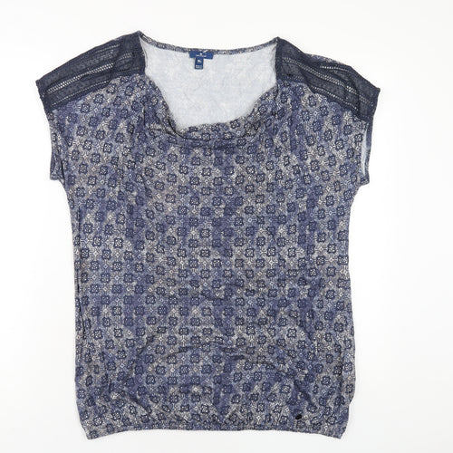 TOM TAILOR Womens Blue Geometric Cotton Basic T-Shirt Size XL Cowl Neck