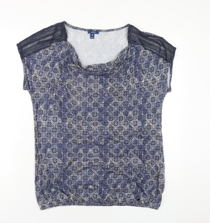 TOM TAILOR Womens Blue Geometric Cotton Basic T-Shirt Size XL Cowl Neck