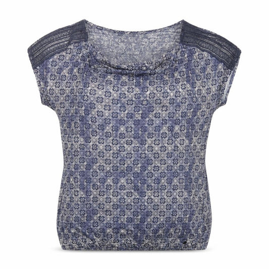 Front view of Tom Tailor women’s blue geometric cotton basic t-shirt, size XL, cowl neck