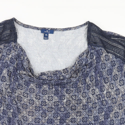 TOM TAILOR Womens Blue Geometric Cotton Basic T-Shirt Size XL Cowl Neck
