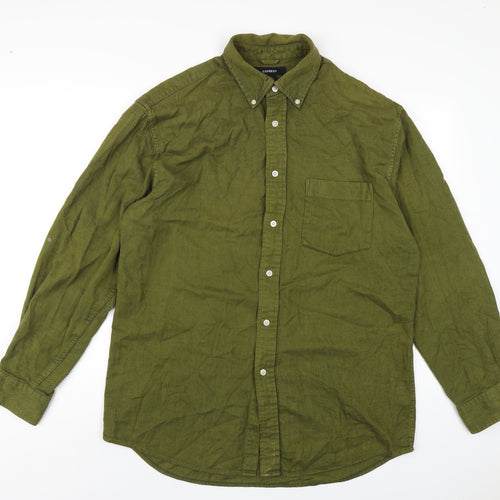 Express Mens Green Cotton Button-Up Size L Collared Button