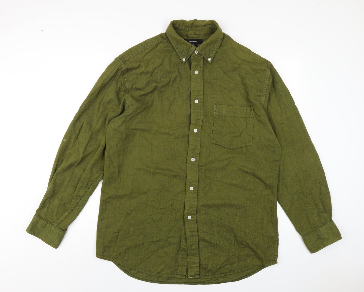 Express Mens Green Cotton Button-Up Size L Collared Button