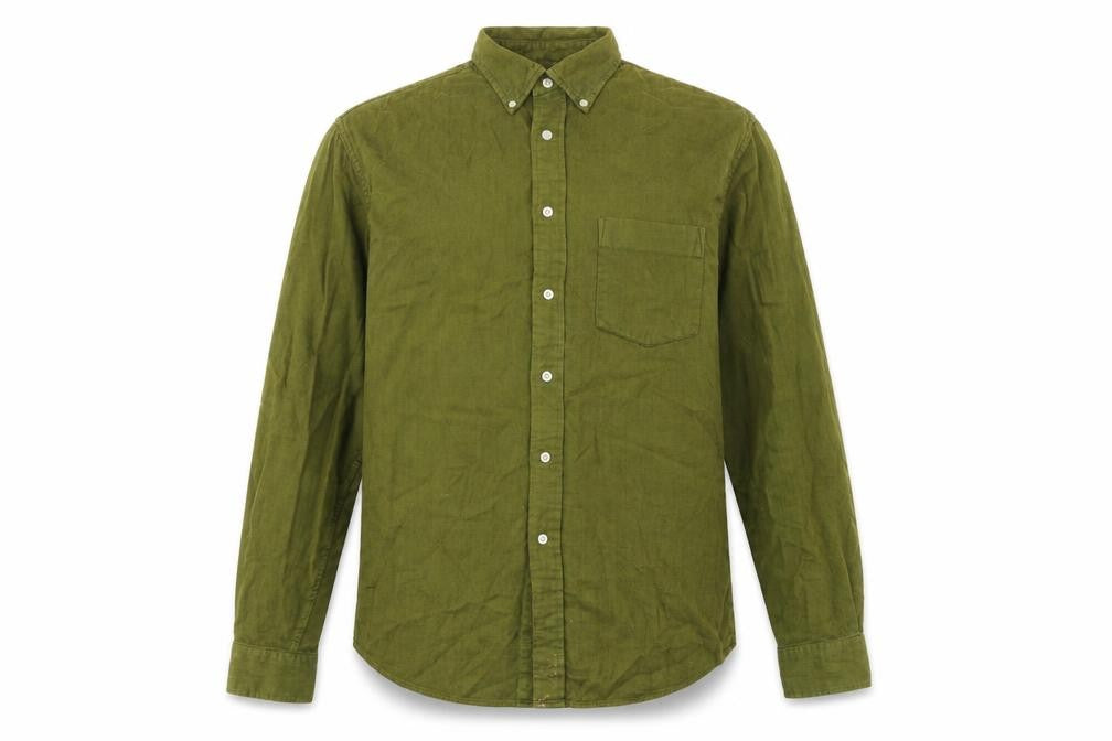 Front view of Express men’s green cotton button-up, size L, collared button