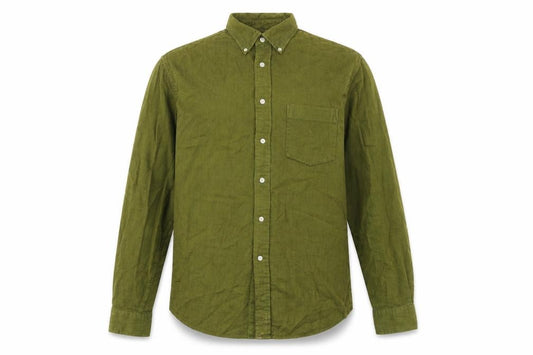 Front view of Express men’s green cotton button-up, size L, collared button