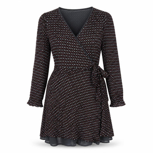 Front view of Pepe Jeans women’s grey geometric viscose wrap dress, size S, v-neck tie
