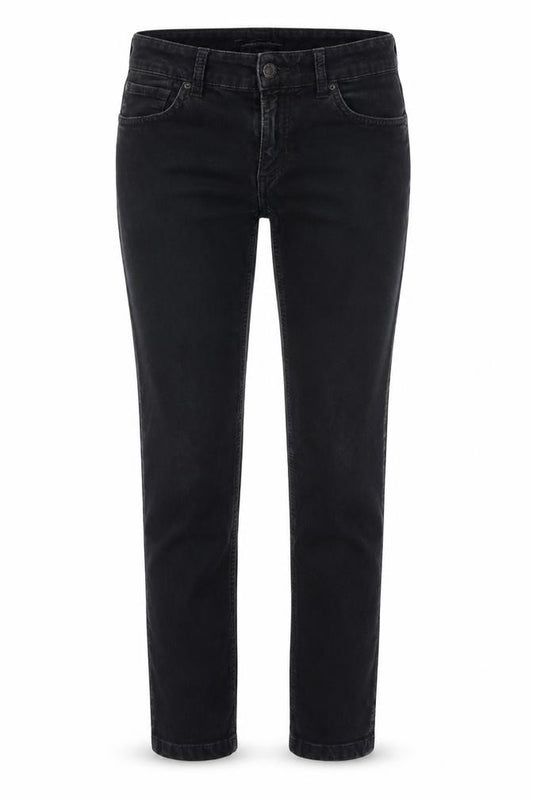 Front view of Drykorn women’s black cotton trousers, size UK 27, in, 34-inch leg slim zip