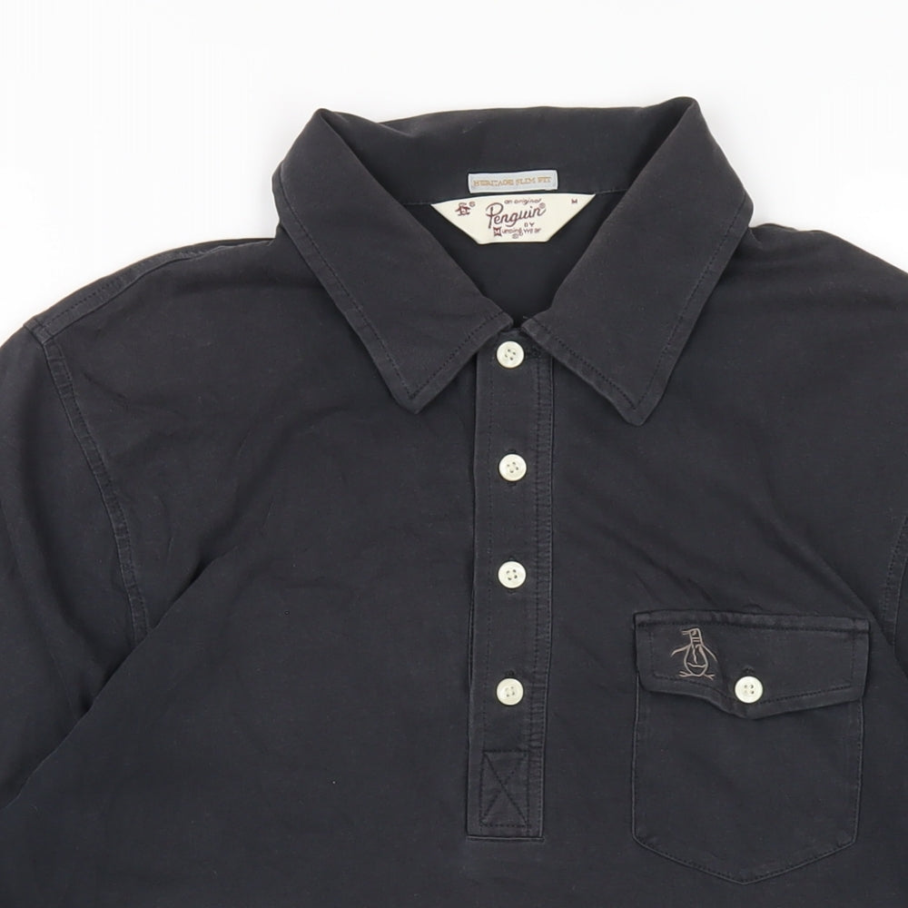 Original Penguin Mens Black Cotton Polo Size M Collared Button