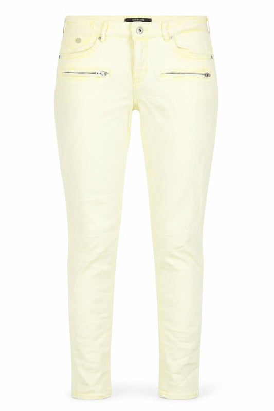 Front view of Scotch & Soda women’s yellow cotton skinny jeans, size UK 30, in, 32-inch leg regular zip
