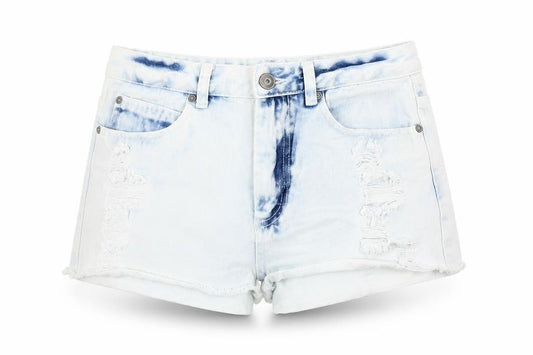 Front view of Denim & Co. women’s blue cotton hot pants shorts, size UK 26, in regular zip