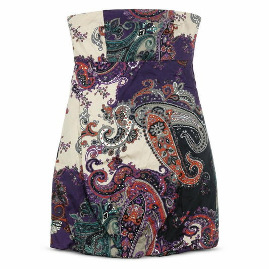 Front view of Blanco women’s multicoloured paisley polyester mini, size UK 8, square neck zip - mushroom hem