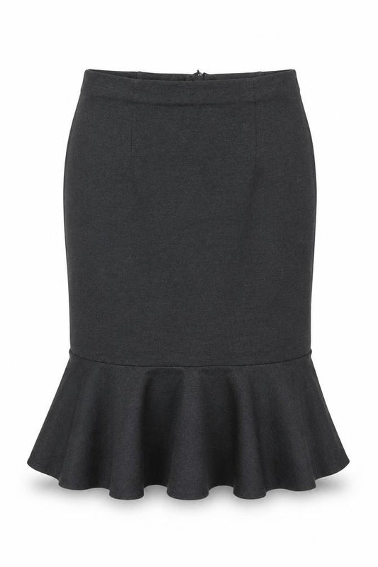 Front view of Marks & Spencer women’s grey viscose trumpet skirt, size UK 16, zip