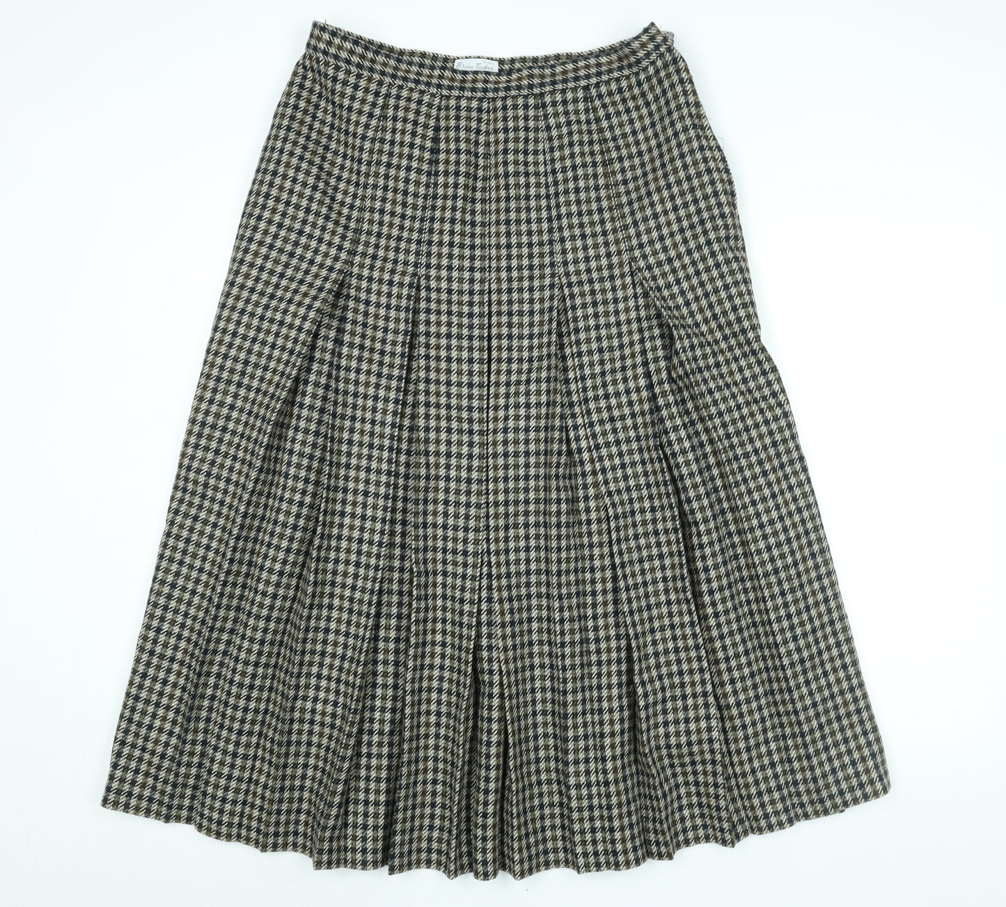 Brian Tucker Womens Brown Check Wool Pleated Skirt Size 16 Zip - Vintage