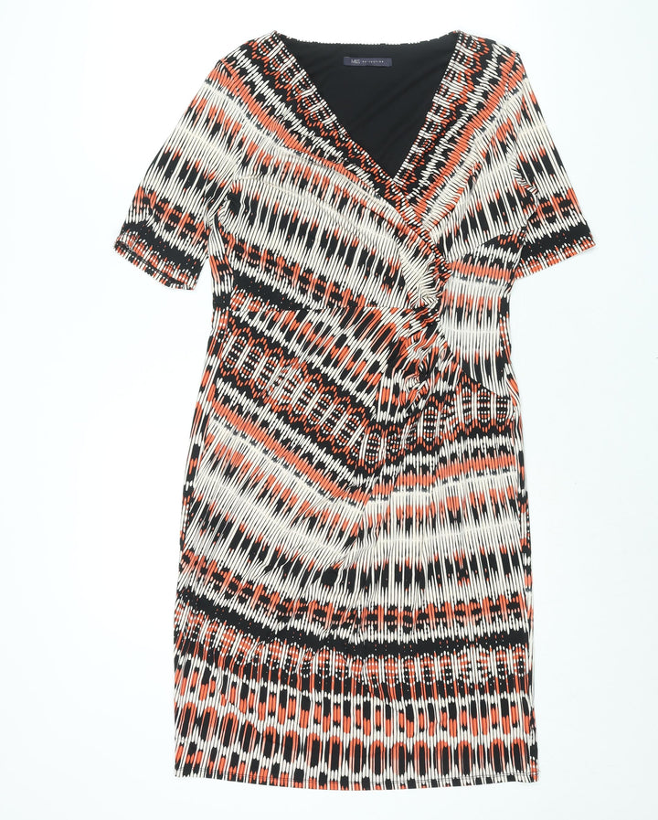 Marks and Spencer Womens Multicoloured Geometric Polyester Shift Size 14 V-Neck Pullover - Rouched