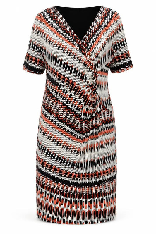 Front view of Marks & Spencer women’s multicoloured geometric polyester shift, size UK 14, v-neck pullover - rouched