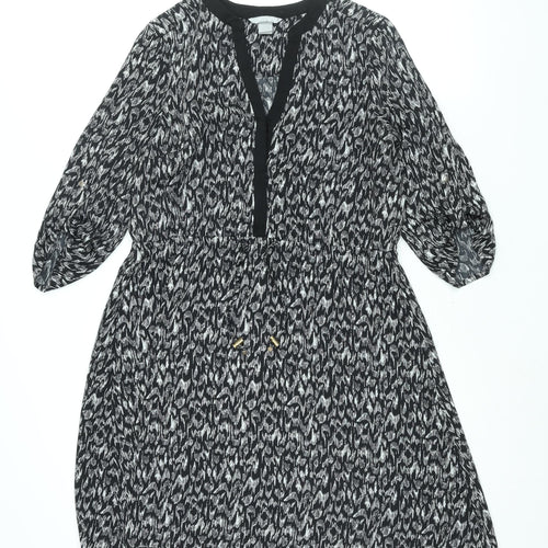 H&M Womens Black Geometric Polyester A-Line Size 12 V-Neck Button - Drawstring Waist