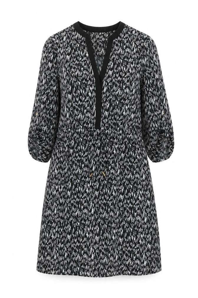 Front view of H&M women’s black geometric polyester a-line, size UK 12, v-neck button - drawstring waist