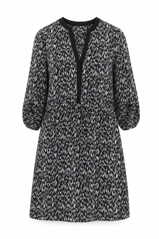 Front view of H&M women’s black geometric polyester a-line, size UK 12, v-neck button - drawstring waist