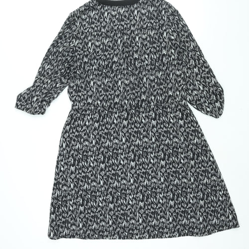 H&M Womens Black Geometric Polyester A-Line Size 12 V-Neck Button - Drawstring Waist