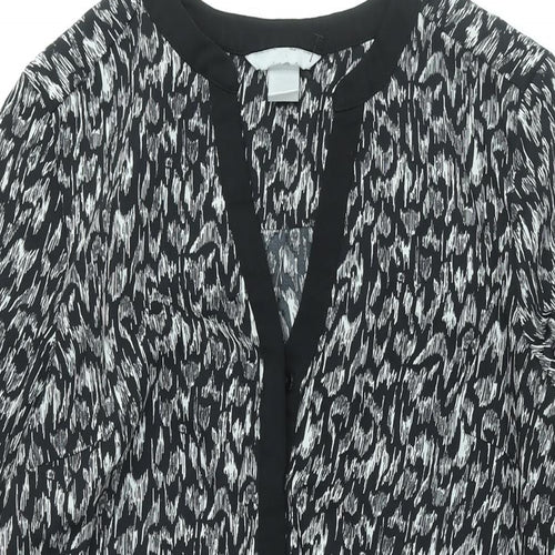 H&M Womens Black Geometric Polyester A-Line Size 12 V-Neck Button - Drawstring Waist