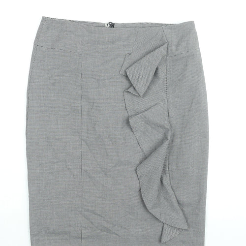 Marks and Spencer Womens Grey Check Polyester Straight & Pencil Skirt Size 14 Zip - Waterfall Frill Houndstooth