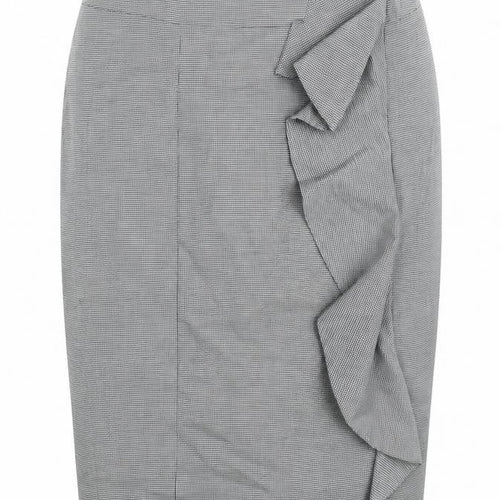 Marks and Spencer Womens Grey Check Polyester Straight & Pencil Skirt Size 14 Zip - Waterfall Frill Houndstooth