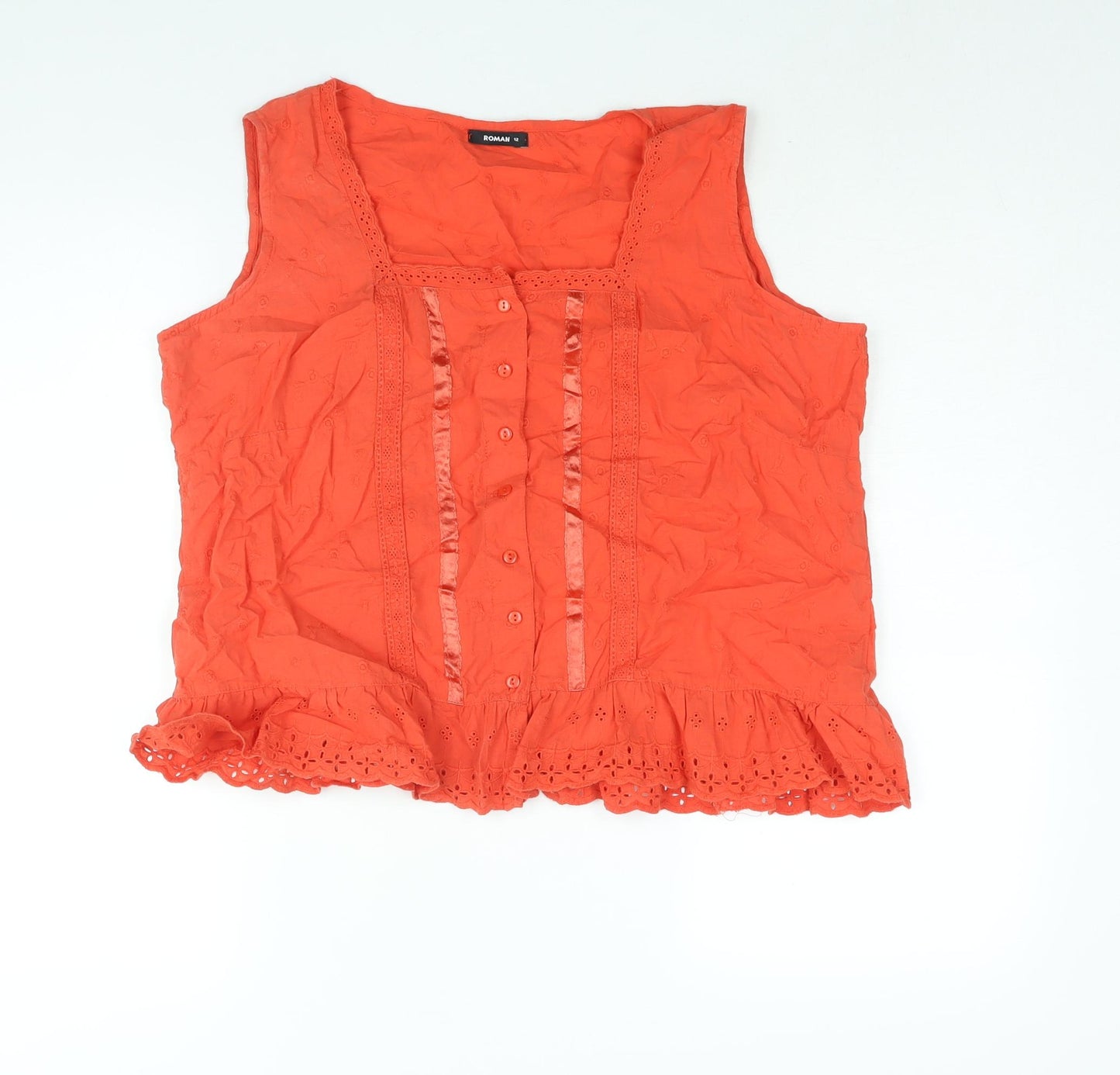 Roman Womens Red Cotton Camisole Blouse Size 12 Round Neck - Embroidered Frill Lace Trim