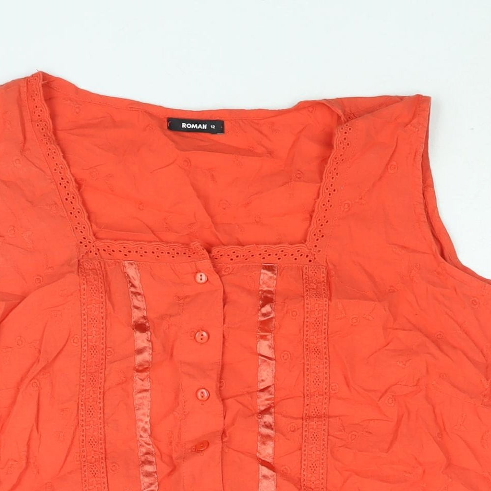 Roman Womens Red Cotton Camisole Blouse Size 12 Round Neck - Embroidered Frill Lace Trim