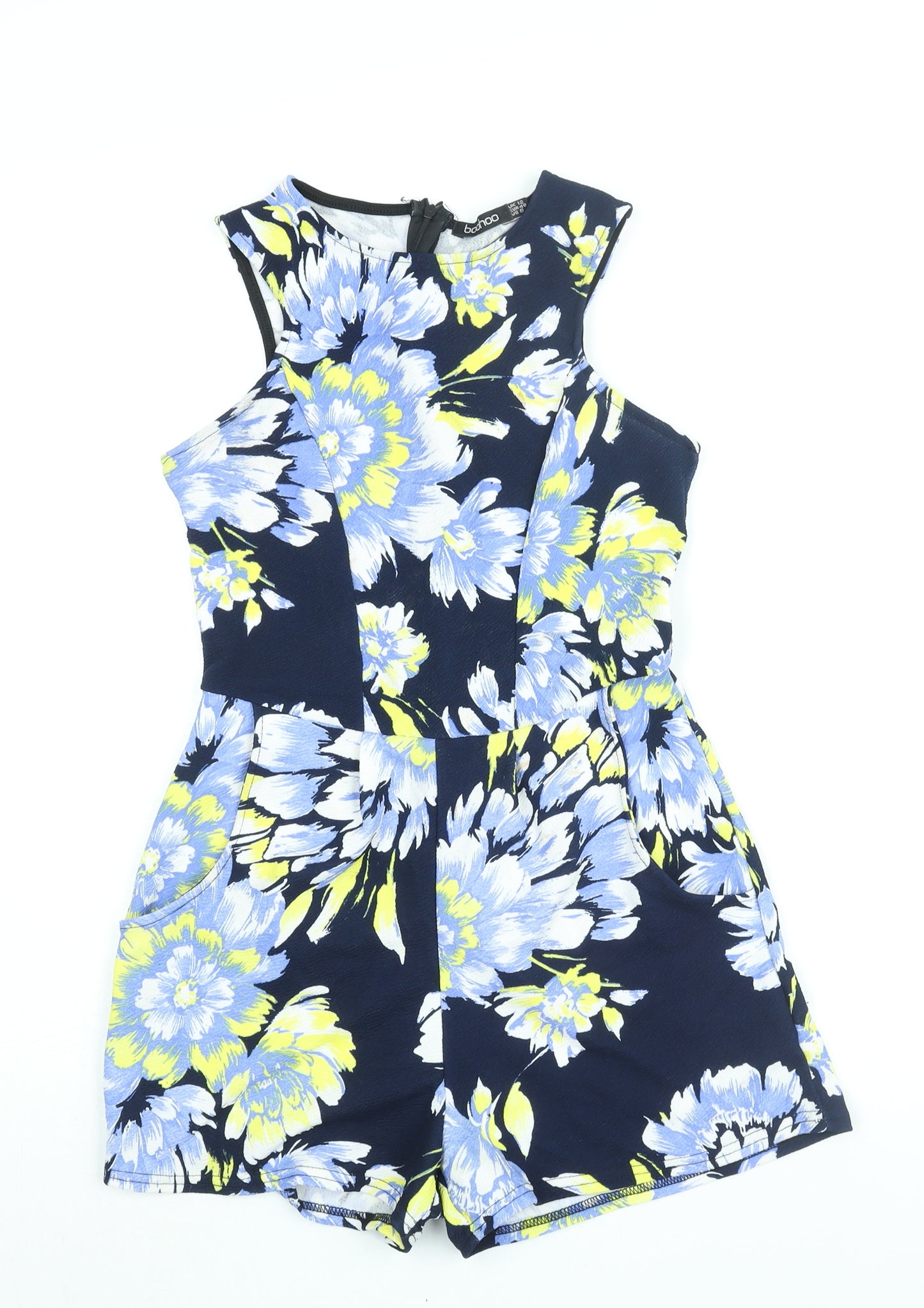 Boohoo Womens Blue Floral Polyester Playsuit One-Piece Size 12 Zip