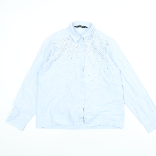Zara Womens Blue Polyester Basic Button-Up Size XS Collared - Rhinestone Detail