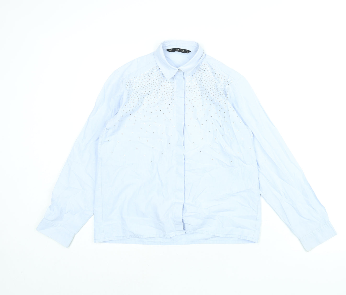 Zara Womens Blue Polyester Basic Button-Up Size XS Collared - Rhinestone Detail