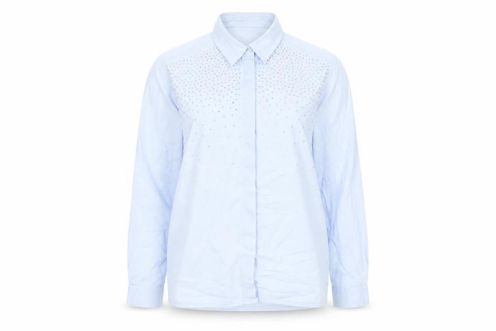 Front view of Zara women’s blue polyester basic button-up, size XS, collared - rhinestone detail