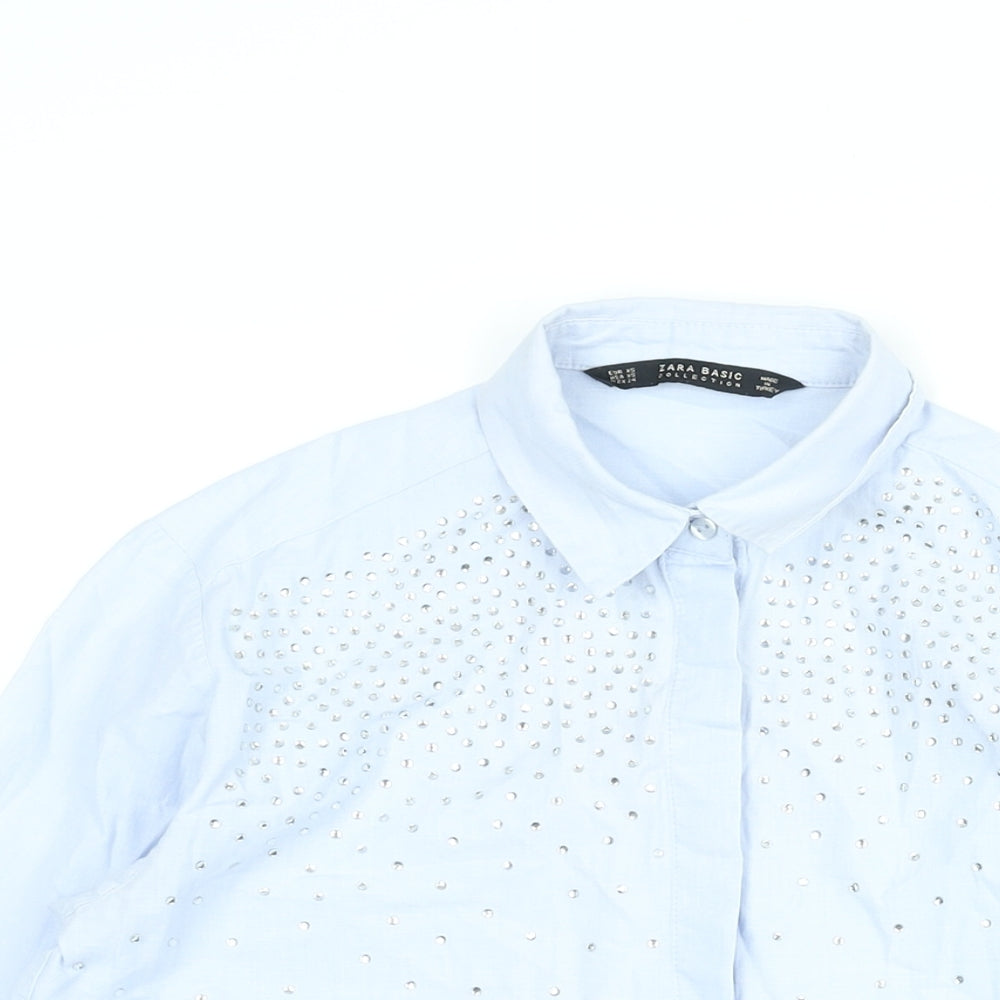 Zara Womens Blue Polyester Basic Button-Up Size XS Collared - Rhinestone Detail