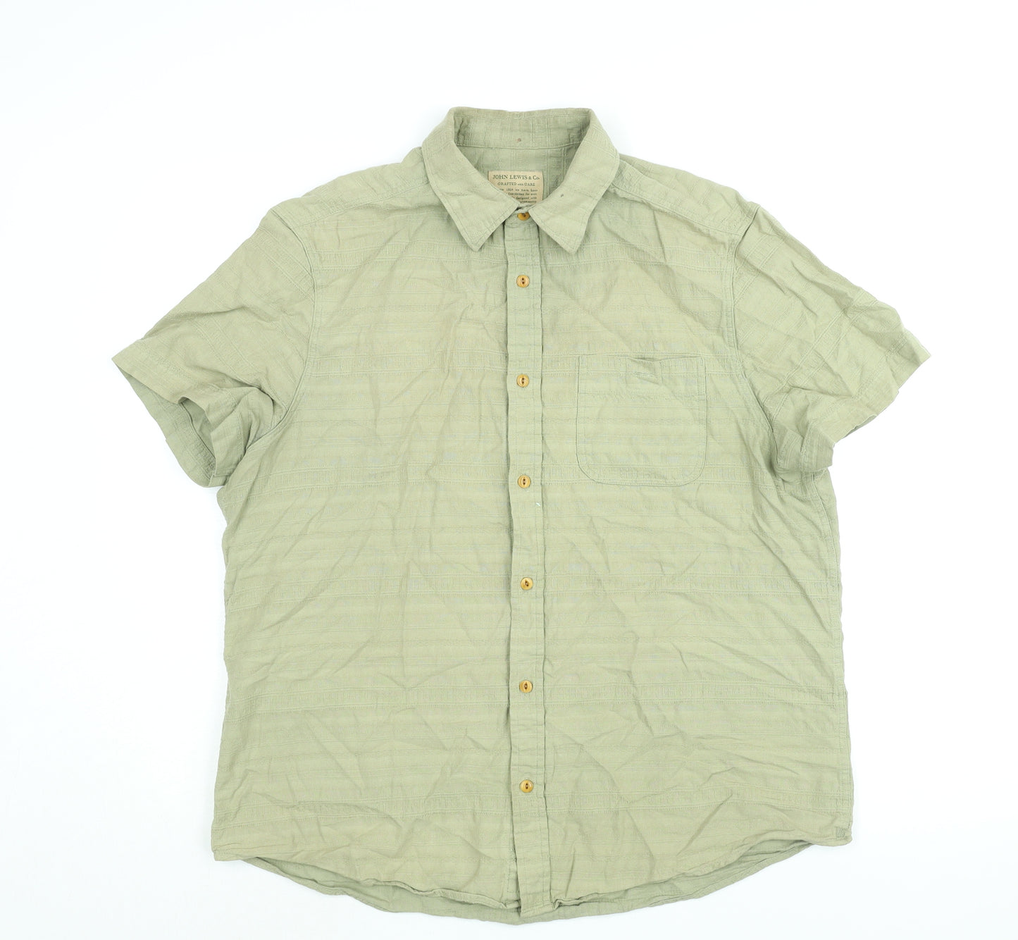 John Lewis Mens Green Cotton Button-Up Size L Collared Button - Vintage